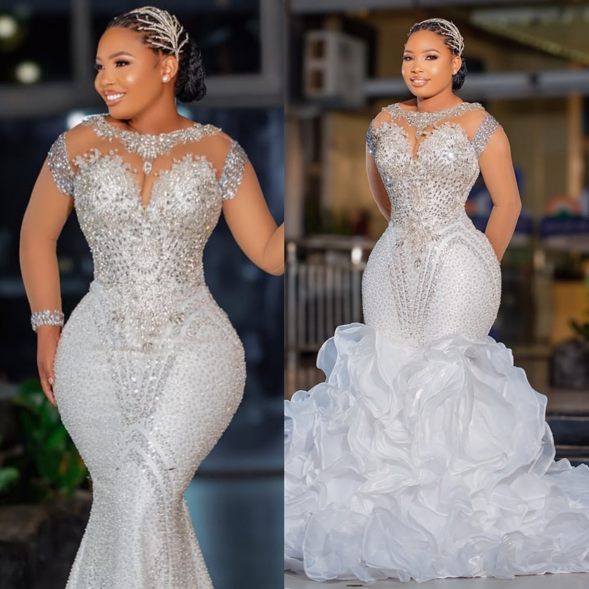 2025 African Wedding Dress Bridal Gowns For Bride Mermaid Illusion Sheer Neck Long Sleeves Appliqued Beaded Lace Detachable Train Wedding Gown For Wom