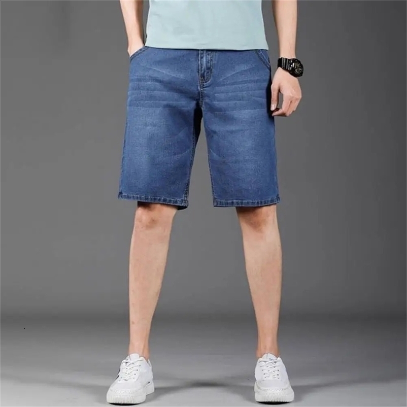 Summer Mens Denim Shorts Fashion Solid Color Casual Loose Multipocket Straight Fiveminute Pants Elastic Knee Jean 250120Z