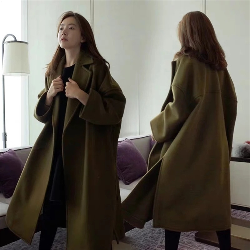 Winter Womens Woolen Coat Long Loose Korean Green Long Wool blends Coat Casual Solid Turndown Collar Coats for Women 240909