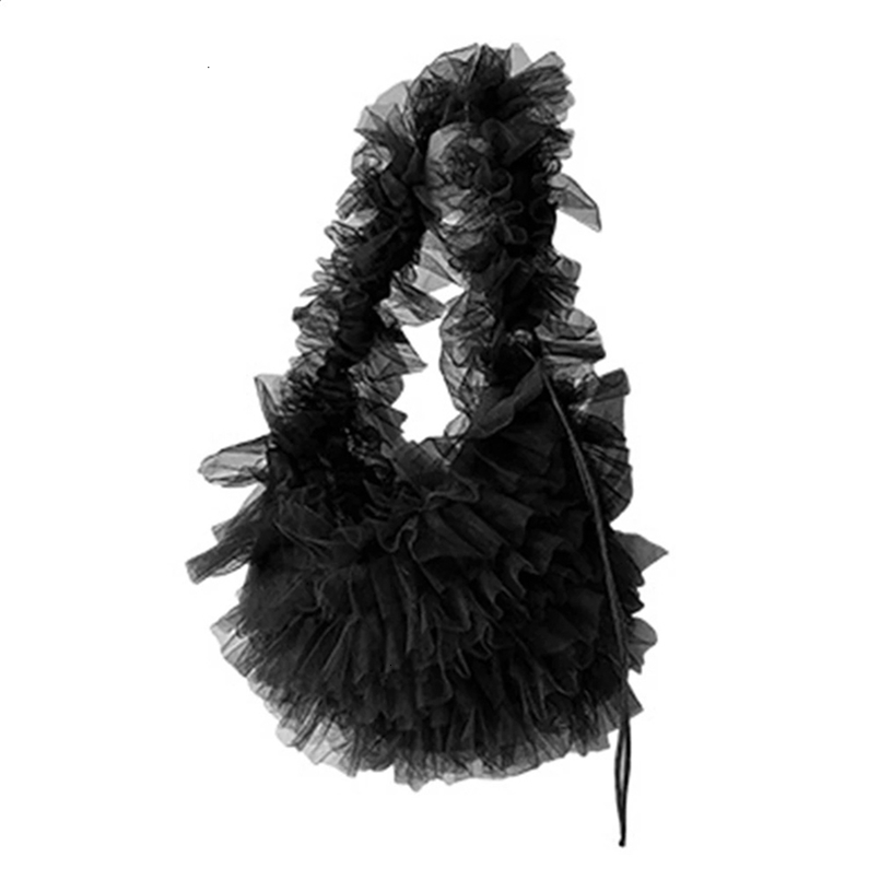 Women Lace Pleated Handbag Solid Color Chic Yarn Shoulder Bag Large Capacity Ruched Tote Female Daily 240820ZYl