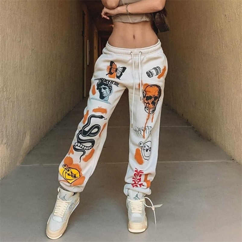 Women Sweat Harajuku Butterfly Skull Printed Trousers Jogger Drawstring Cargo Pant Loose Streetwear Casual Sweatpant Autumn 211006 Z260314