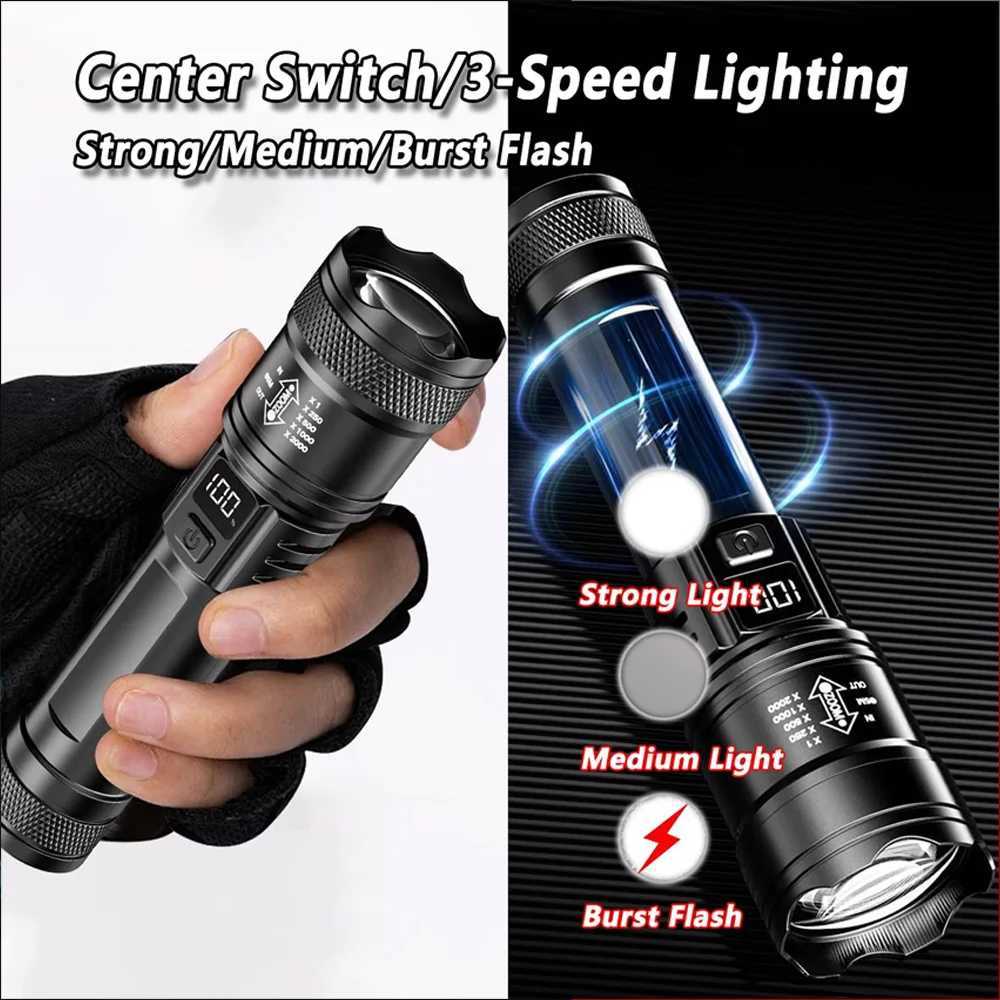 Highpower Led Flashlight USB Rechargeable Torch with Display Zoomable Light with Battery Camping Hiking Lantern Emergency Lamp D250928