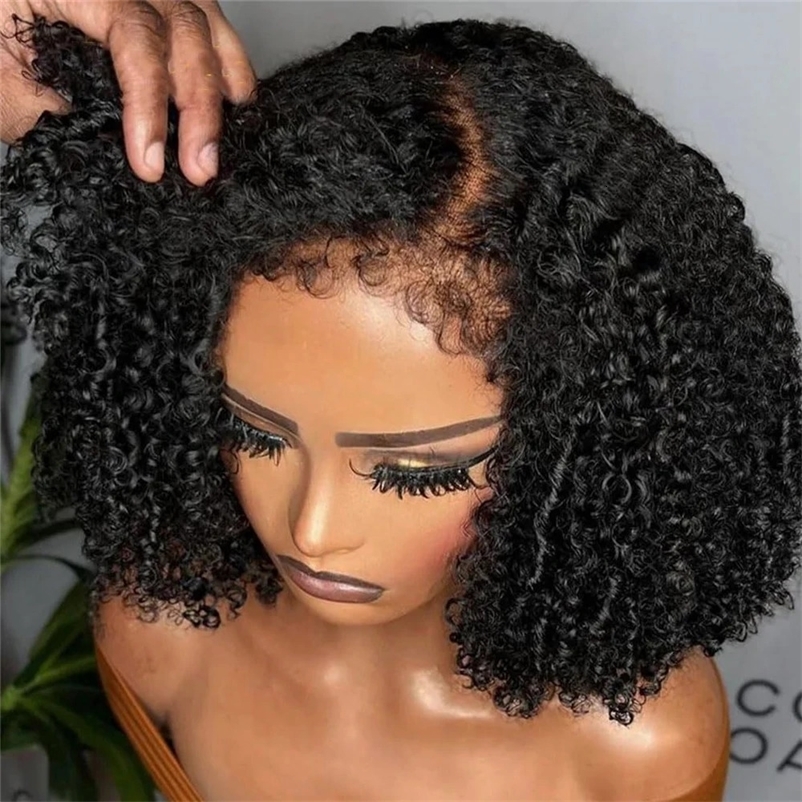 Short Bob Kinky Curly Human Hair Frontal Wig 4C Edges Lace Front Wigs Transparent 4x4 Closure Human Hair Wig Natural Hairline 250306