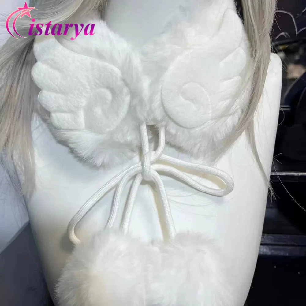 Harajuku Angel Wings Plush Faux Fur Scarf Women Winter Warm LaceUp Fleece Ball Neck Wrap Kawaii Chic Streetwear Y2K Scarves 250928