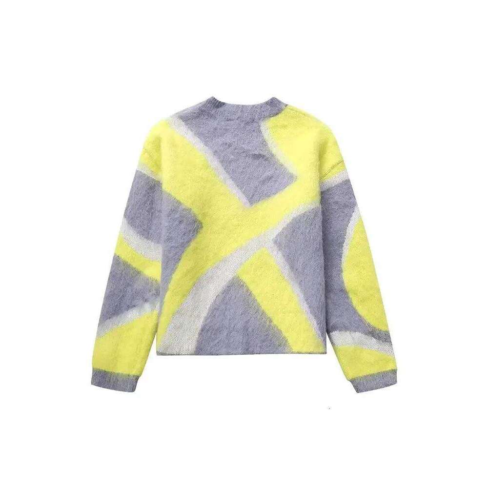 2024 Autumn Winter Women Contrast Patchwork Knitted Sweater Fashion Long Sleeve Vintage O-Neck Causal Pullover Loose Tops