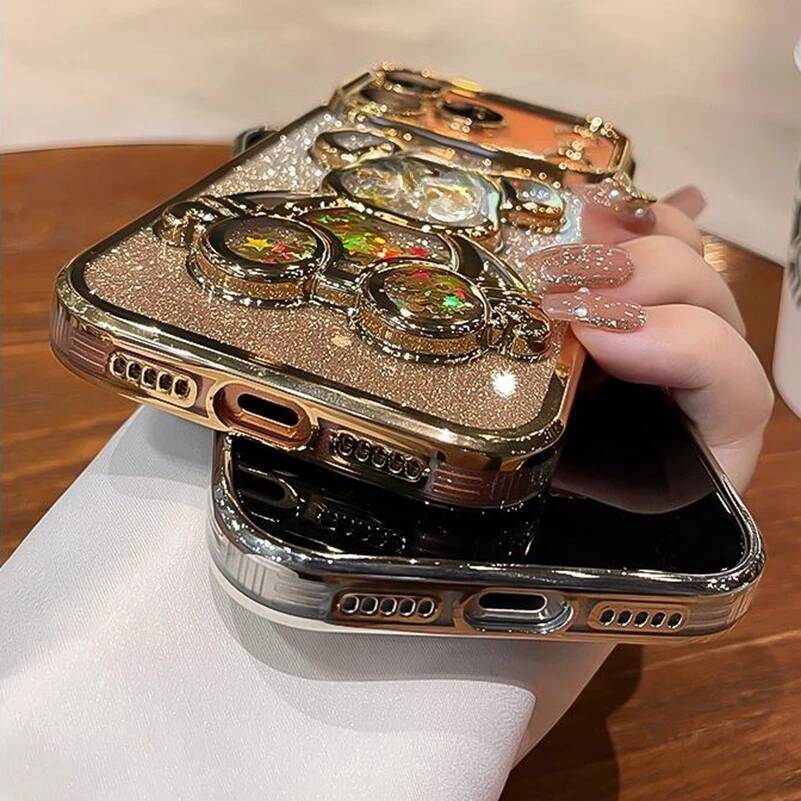 Cute Plating Quicksand Bear Case for iPhone 17 16 15 14 13 12 11 Pro Max Plus Air Glitter Bling Camera Protector Cover