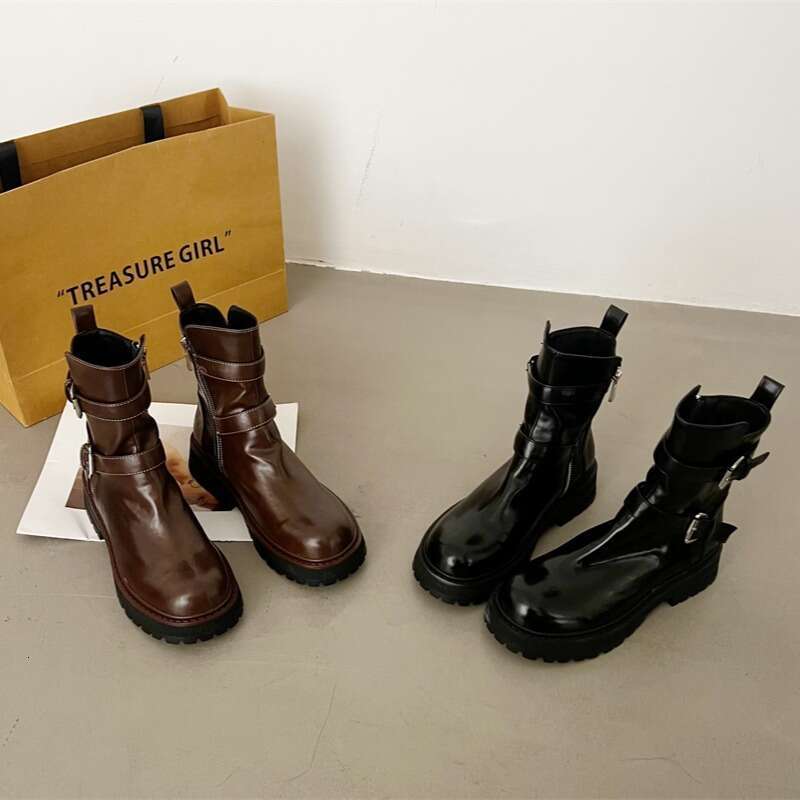 2025 Autumn Winter New Round Toe Chunky Heel Martin Thick Sole Motorcycle Short Belt Buckle Knight Long Boots Women