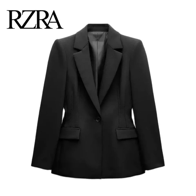 RZRA autumn and winter womens black lapel long sleeve with shoulder pads slim suit jacket professional allmatch 250106