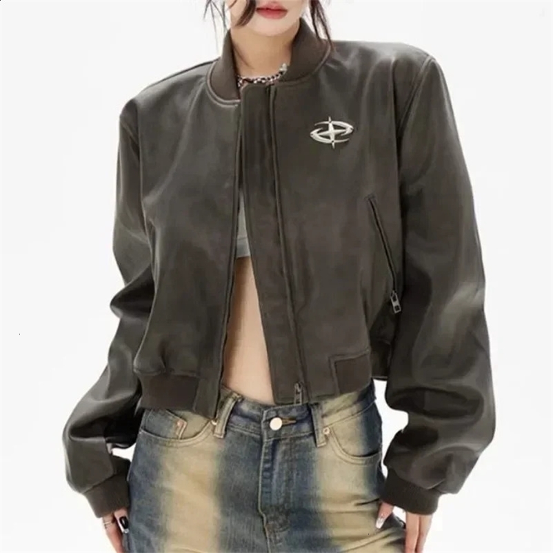 Vintage Cropped Leather Jacket Women Autumn Winter Moto Biker Zipper Loose Jackets Y2k Fashion Streetwear Casual Outwear 240723