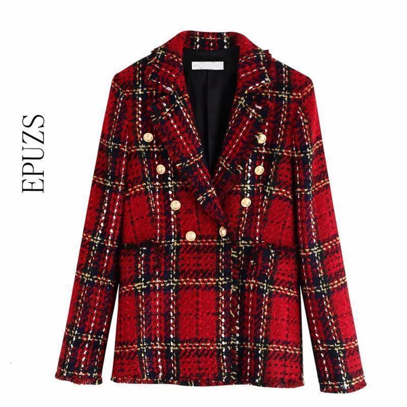 Vintage Double Breasted Tweed Blazer Women Notched Collar Long Sleeve Plaid blazer coat spring casual office suit jacket 201102