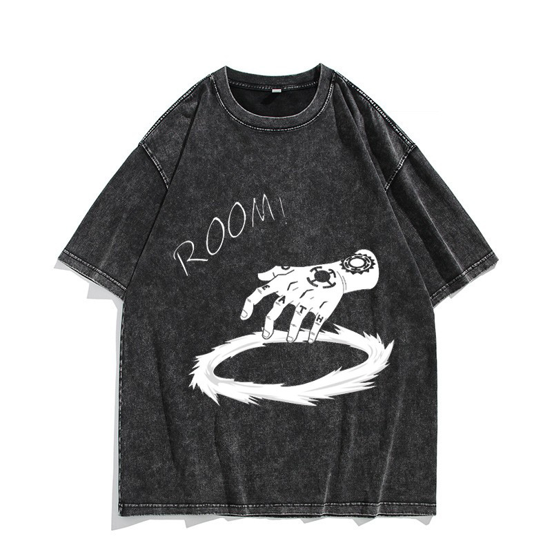 American-Style Washed Vintage Cotton T-Shirt Trafalgar Law ROOM Japanese Anime Print Washed Distressed Short-Sleeve T-Shirt - CJ7717