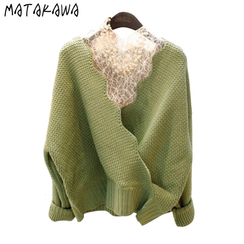 MATAKAWA Korean Spring Lace Bottoming Shirt + Knit Sweater V-Neck Pullover Top Women Two Piece Outfits for Women 210513
