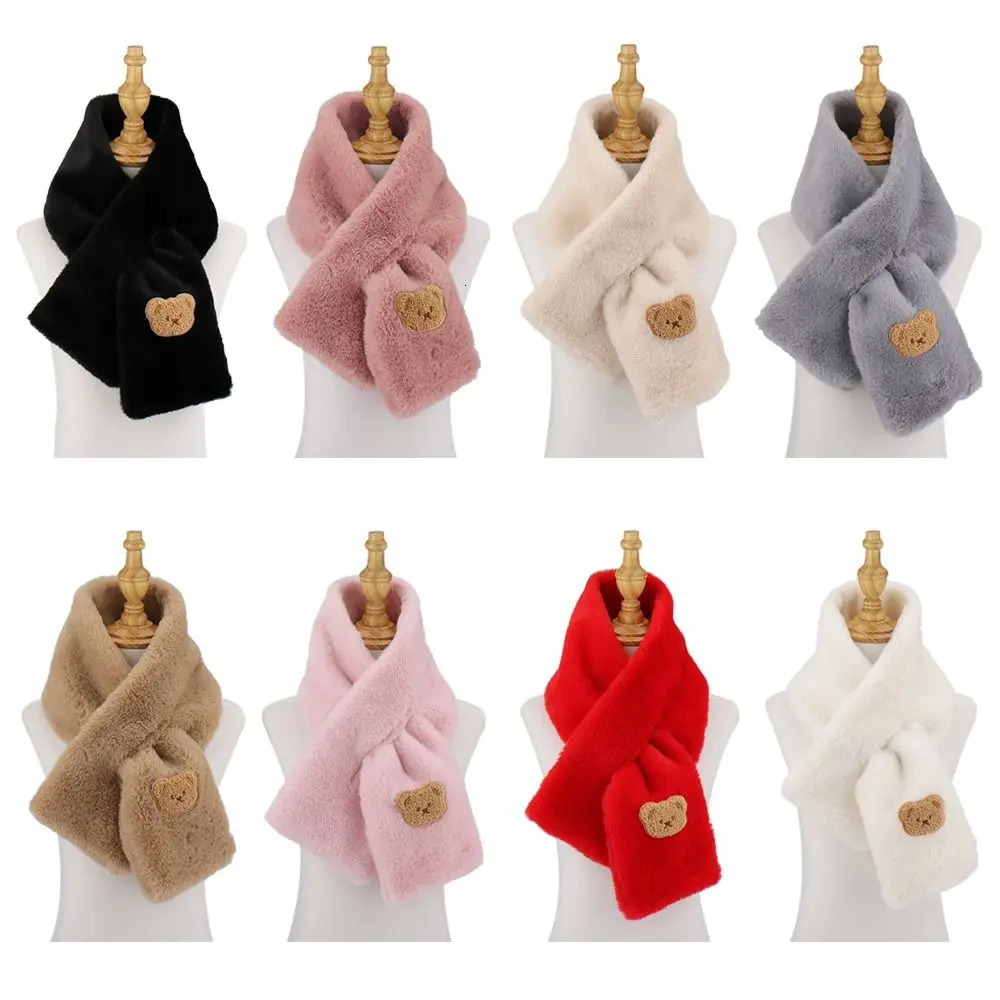 Women Winter Warm Thicken Cross Collar Scarf Cute Bear Solid Color Faux Rabbit Fur Plush Elegant Shawl Scarfs 250928