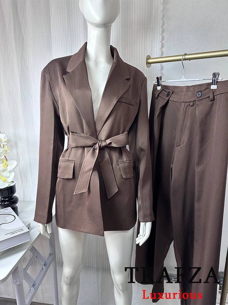 TRAFZA Office Lady Casual Chic Solid Women Suit Single Button Sashes Loose Blazer Zipper Pants Fashion Spring Summer Sets 250807