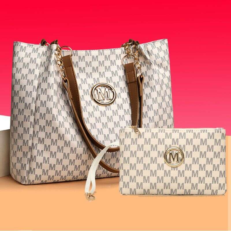 Stylish M-Print Tote & Clutch Bag Set With Chain Strap - Versatile PU Handbag Combo For Women Black/Brown/White