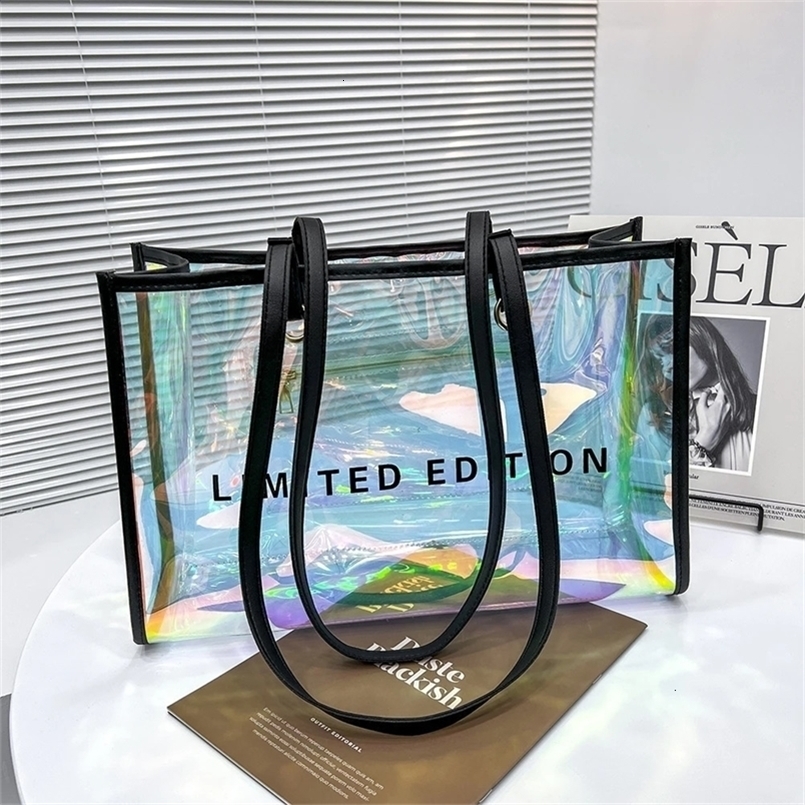 Women Letters Large Capacity Shoulder Bags Laser PVC Transparent Handbag Female Casual Clear Summer Holiday Beach Bag 240802ZYl