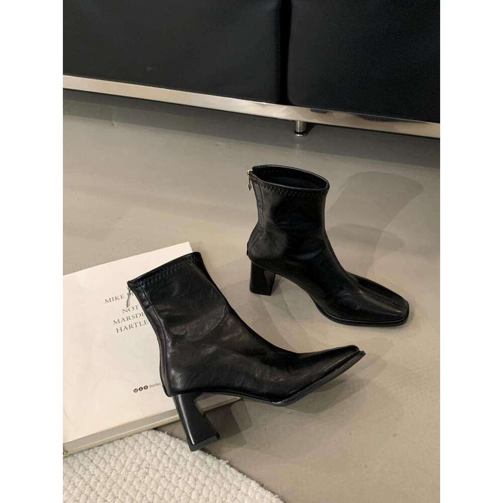 Black High Ankle for Women Autumn and Winter New French Style Square Toe Slim Chunky Heel Martin Boots, Women's Single Boots