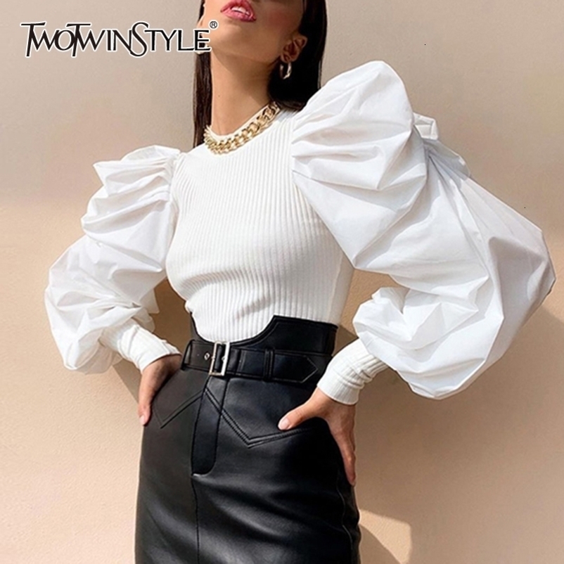 TWOTWINSTYLE White Patchwork Knitted Ruched Women' Sweater O Neck Puff Sleeve Pullover Female Streetwear Autumn Fashion New 201023