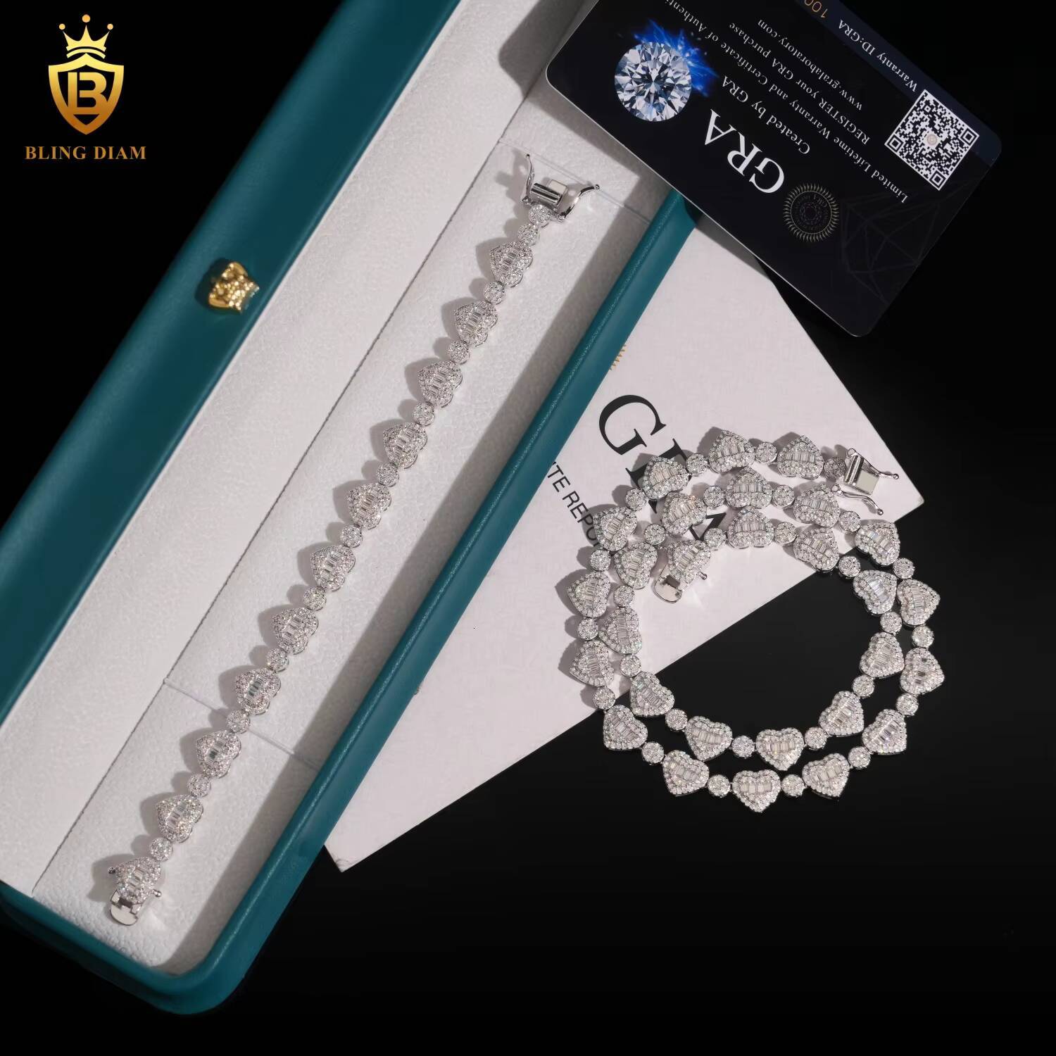 Fine Jewelry Necklace and Bracelet Bangle Set 925 Sterling Silver 85mm Vvs Moissanite Love Heart Tennis Chain