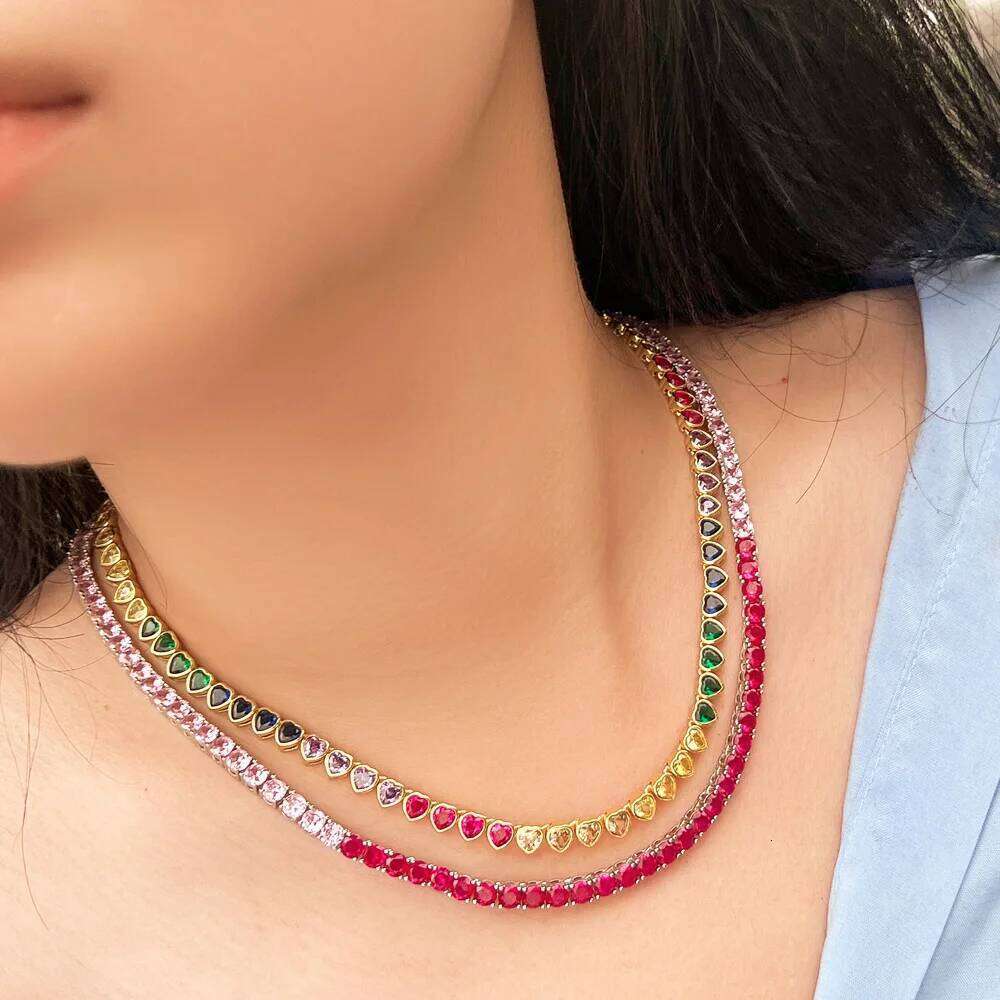 CWWZircons Chic Bling Pink Red Cubic Zirconia Round Chain Link Tennis Choker CZ Necklace for Women New Trendy Jewelry Gift CP117