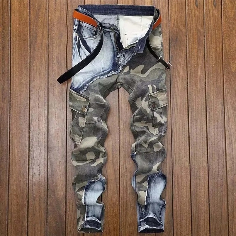 Mens Jeans Vintage Distressed Camouflage Ripped PatchworkJeans Slim Skinny Jeans Casual Denim Pants Men 250506