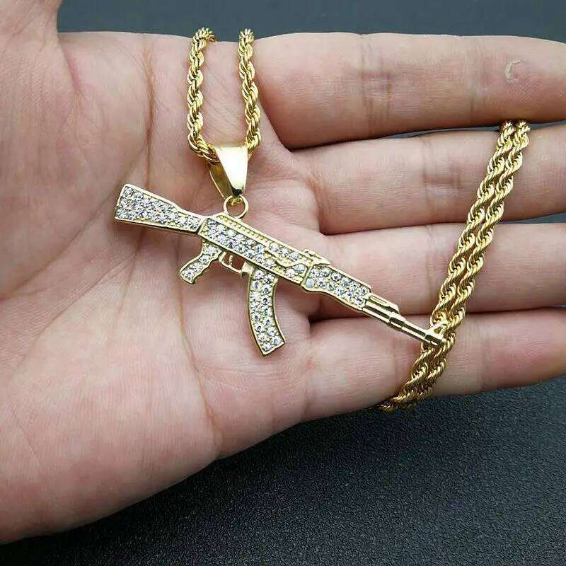 AK47 Gun 316L Stainless steel Pendant Necklace Iced Out Rhinestone Hip Hop Golden Sier Color Men Women Jewelry