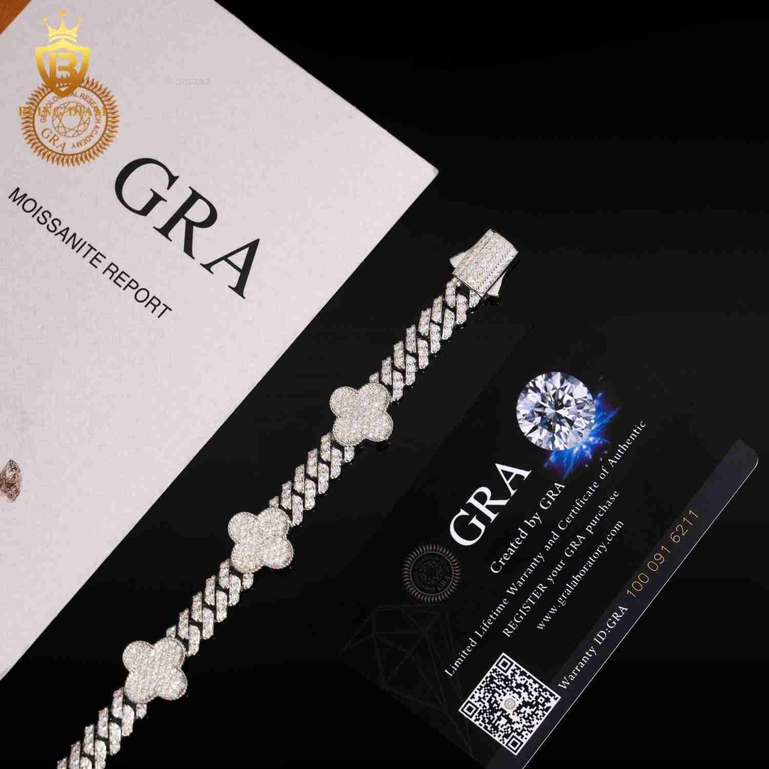 Fashion Four Leaf Clover Link Chain Bracelet 8mm Bracelet Pass Diamond Tester VVS Iced Out Moissanite Hip Hop Chain 925 Silver