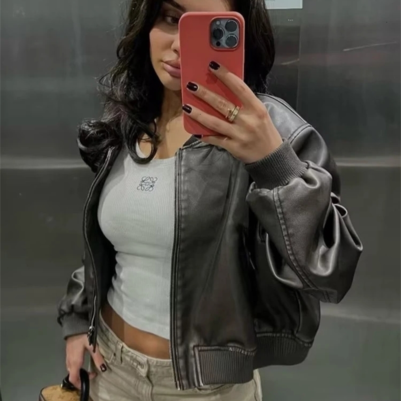 Y2K TRAF PU Leather Bomber Jacket for Women Vintage Stand Collar Front Zipper Short Coat Ladies Long Sleeve Outerwear 240723