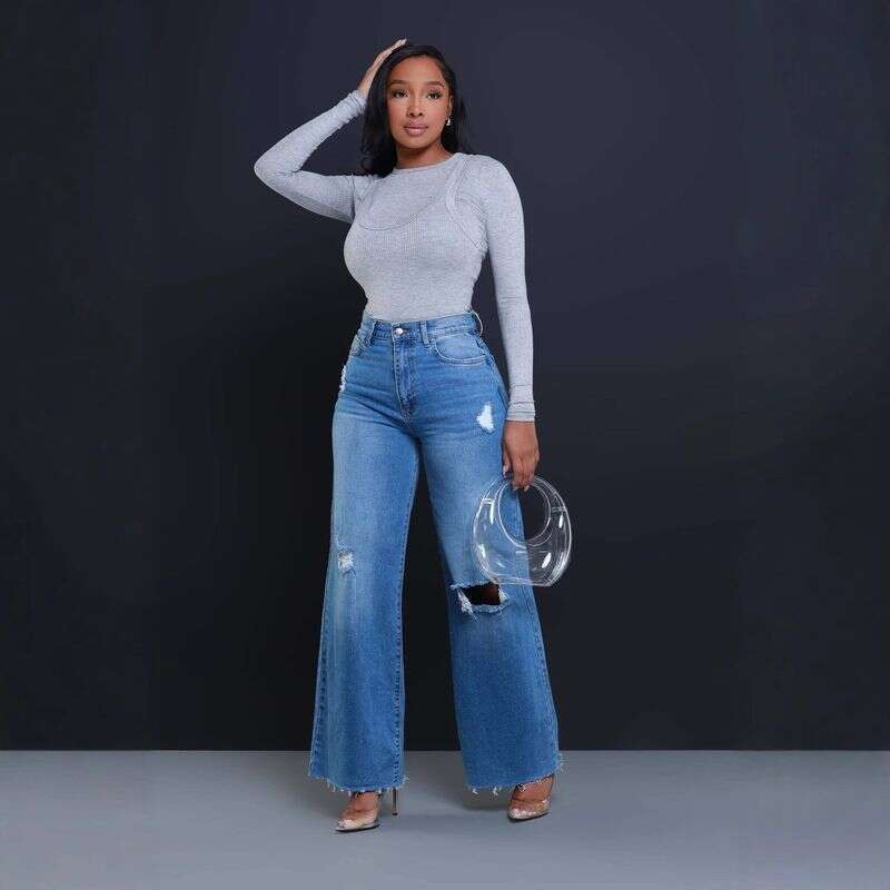 Vintage Fashion Hollow Out Denim Wide Leg Pants Women Zipper Hole Pockets Jeans Female Streetwear Trousers Bottoms