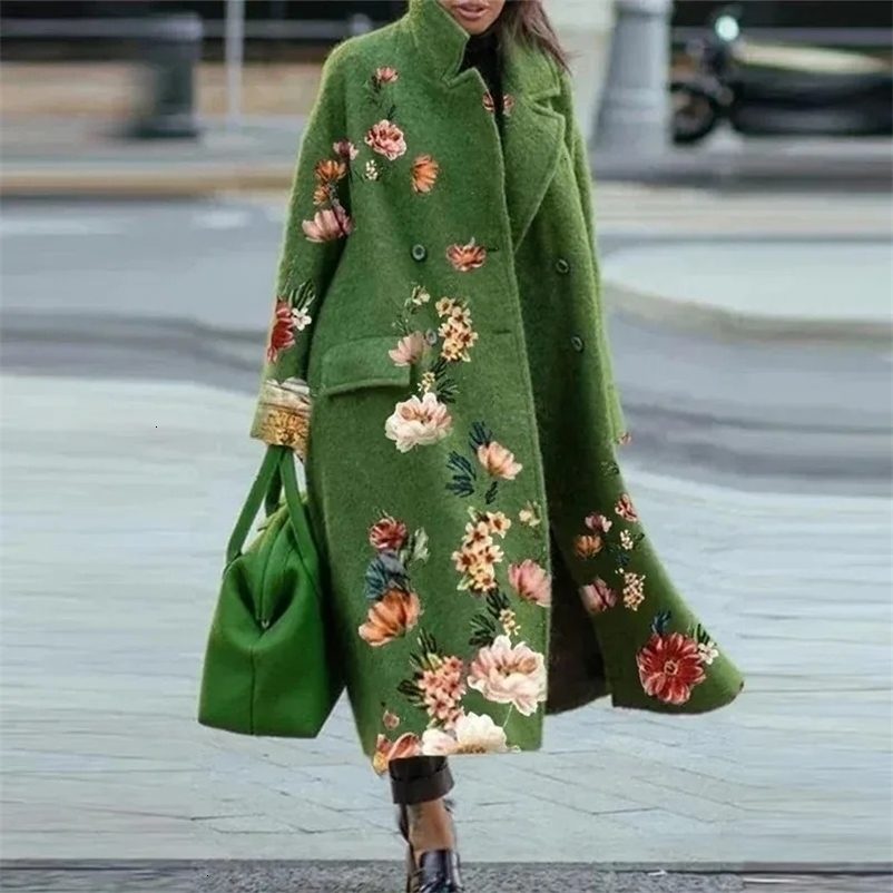 Autumn Street Womens Long Open Coat Fashion Flower Printed Pocket Long Sleeve Jacket Winter Womens Elegant Blended Wool Coat 241019