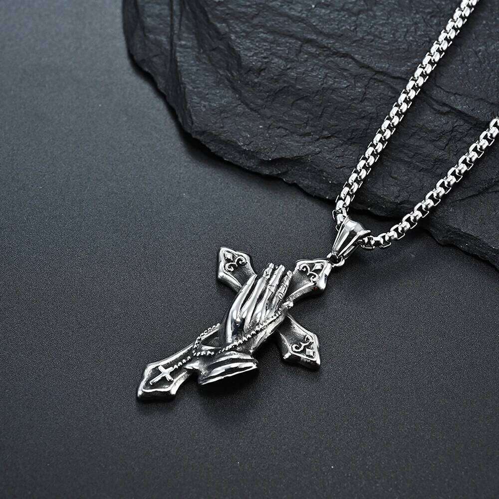 Vintage Praying Hands Cross Pendant Necklace hip-hop Stainless Steel Chain Neck Accessories Hip Hop Rock Jewelry 2025 Gifts