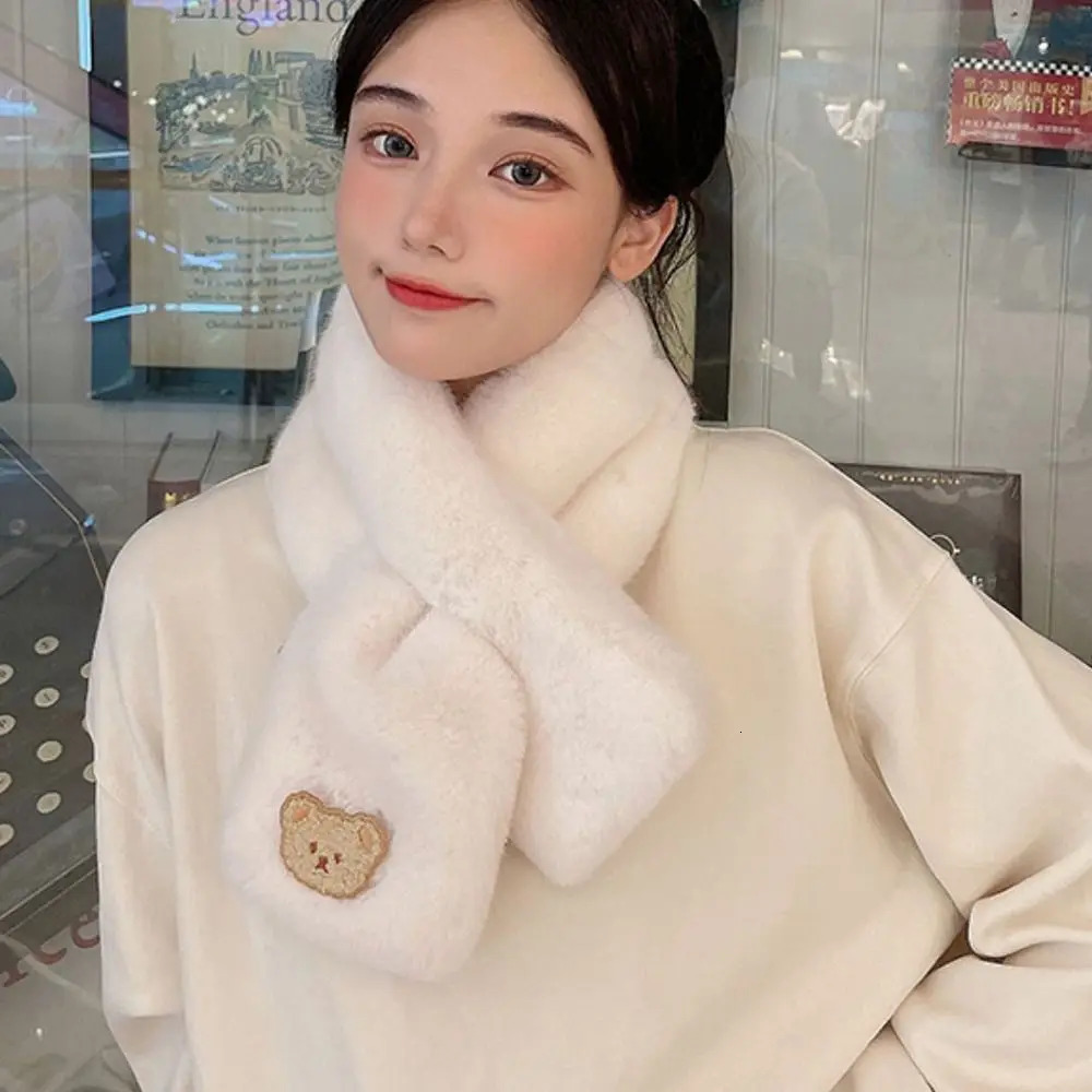 Women Winter Warm Thicken Cross Collar Scarf Cute Bear Solid Color Faux Rabbit Fur Plush Elegant Shawl Scarfs 250928