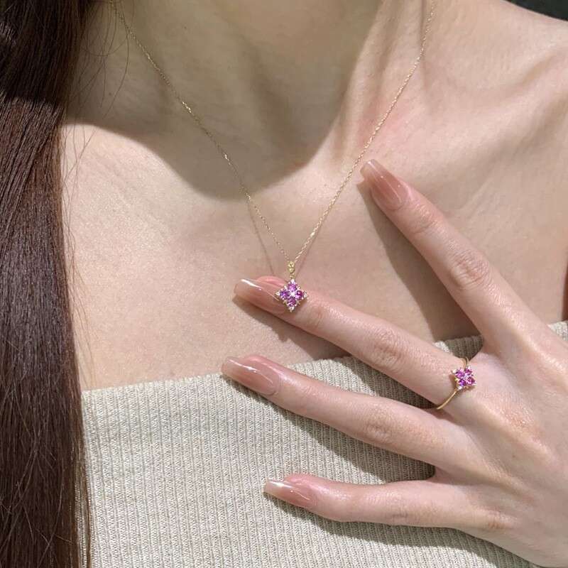 Purple Gemstone Four-Leaf Clover Necklace Women, Luxurious and Exquisite Open Ring for Women