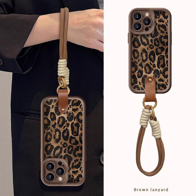 Leopard Print Lanyard Compatible with Apple 17 Phone Case 16PROMAX Lambskin 15 Matte Silicone Premium Shockproof