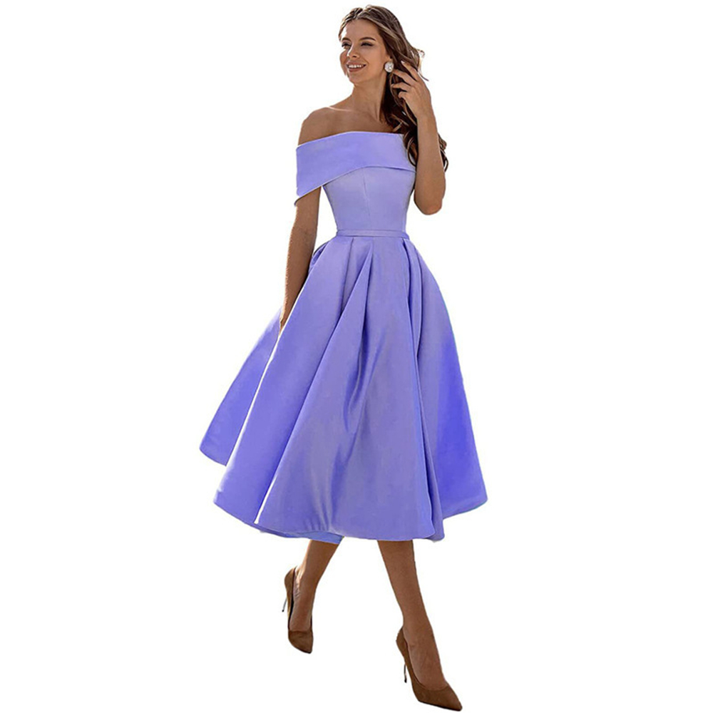 Sky Blue Off The Shoulder Prom Dresses 2025 Tea Length Satin With Pockts Cocktail Party Evening Gown Customized BQ53