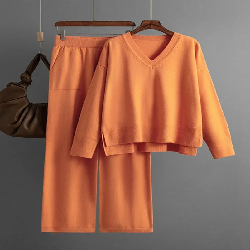 Womens Two Piece Pants Knitted sweater 2piece Peice set for womens winter and autumn warmth Vneck pull up straight pants casual oversized sportswear w