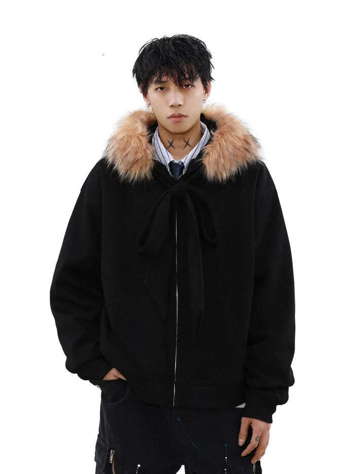 American Style Fur Collar Couple Hooded Zipper Lace-up Cardigan Sweatshirt Autumn Winter Warm Trendy Brand Design Jacket