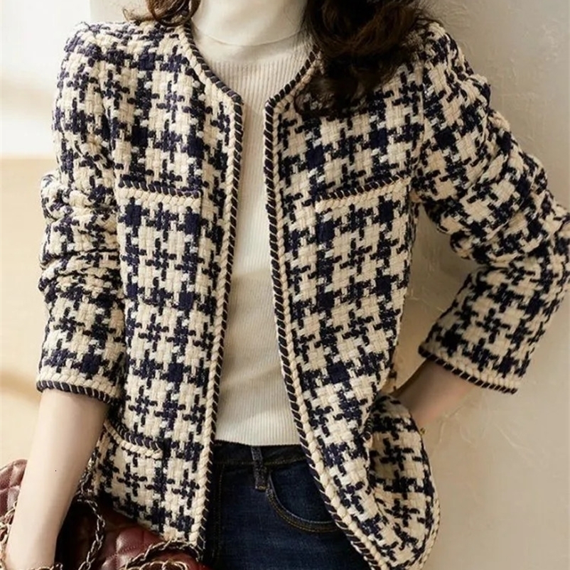 Runway Fall Elegant Weave Plaid Women Blazer Causal Tweed Coat Office Ladies Suit Jacket Outwear 240712