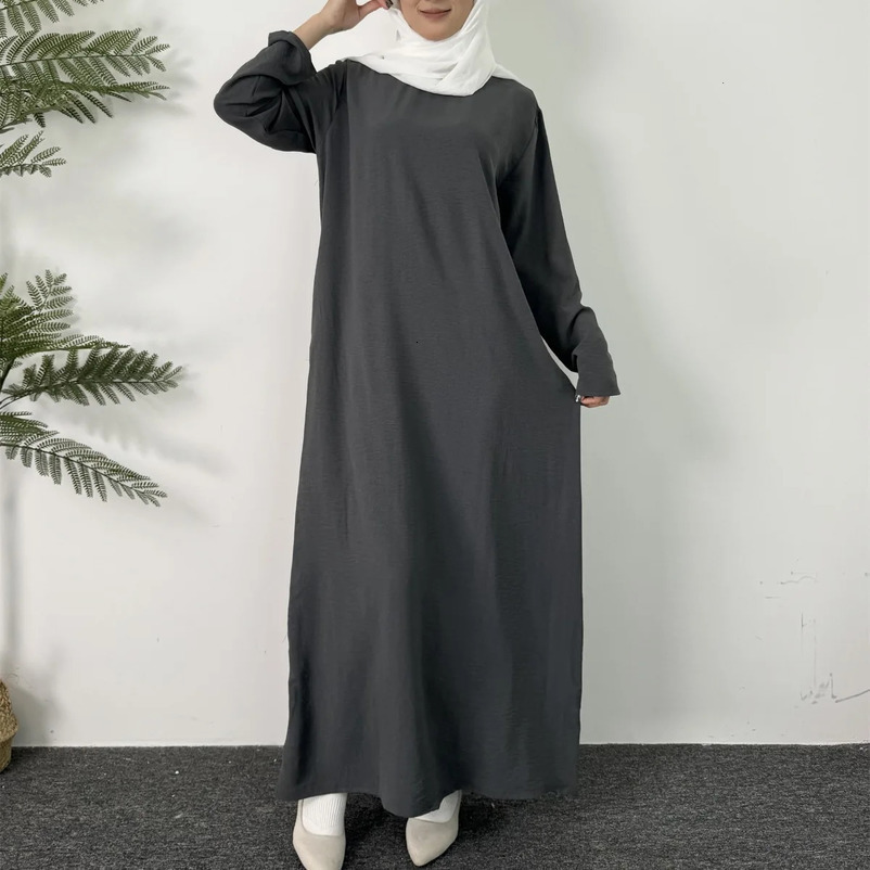 Women Long Dresses Ramadan Solid Crew Neck KaftanElegant Sleeve Muslim Abaya Loose Maxi DressWomens Clothing 240715