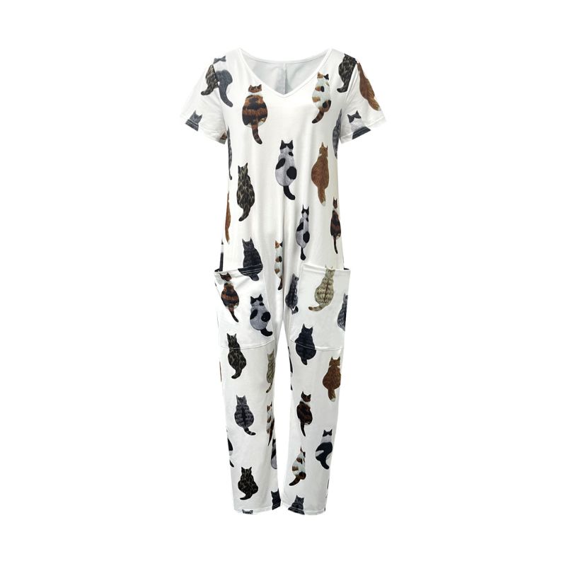 Women's V-Neck Cat Print Short Sleeve Jumpsuit - Milk Silk Fashion Vacation Style Romper with Pockets--CF52491