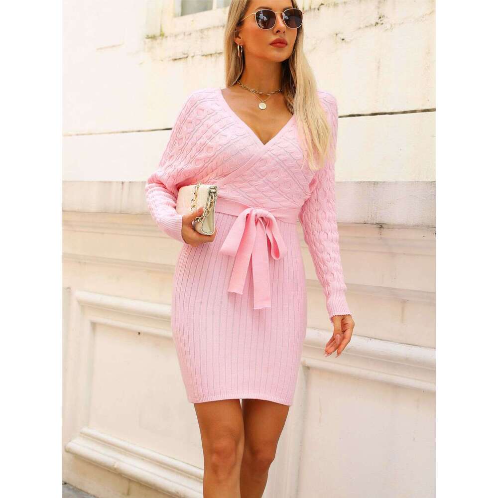 Knitted Women's V-neck Batwing Sleeve Waist Tie Mid-length Bodycon Dress