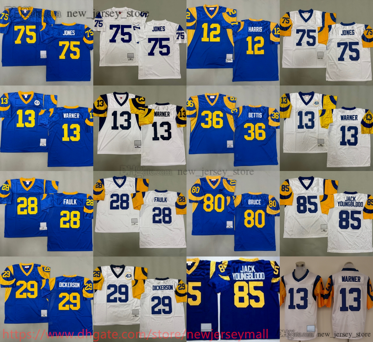 Custom S-6XL 1969 Throwback Football 13 Kurt Warner Jersey Vintage 29 Eric Dickerson 75 Deacon Jones 28 Marshall Faulk 36 Jerome Bettis 85 Jack Youngblood 12 Joe Namath