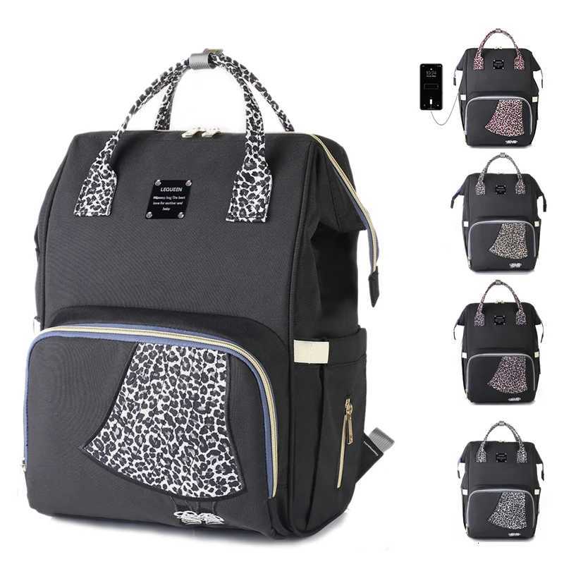 LEQUEEN Oxford Cloth Waterproof Mother and Baby Backpack Large Capaci USB Design Mommy Bag Leopard Prints Baby Diaper BagXJ250928