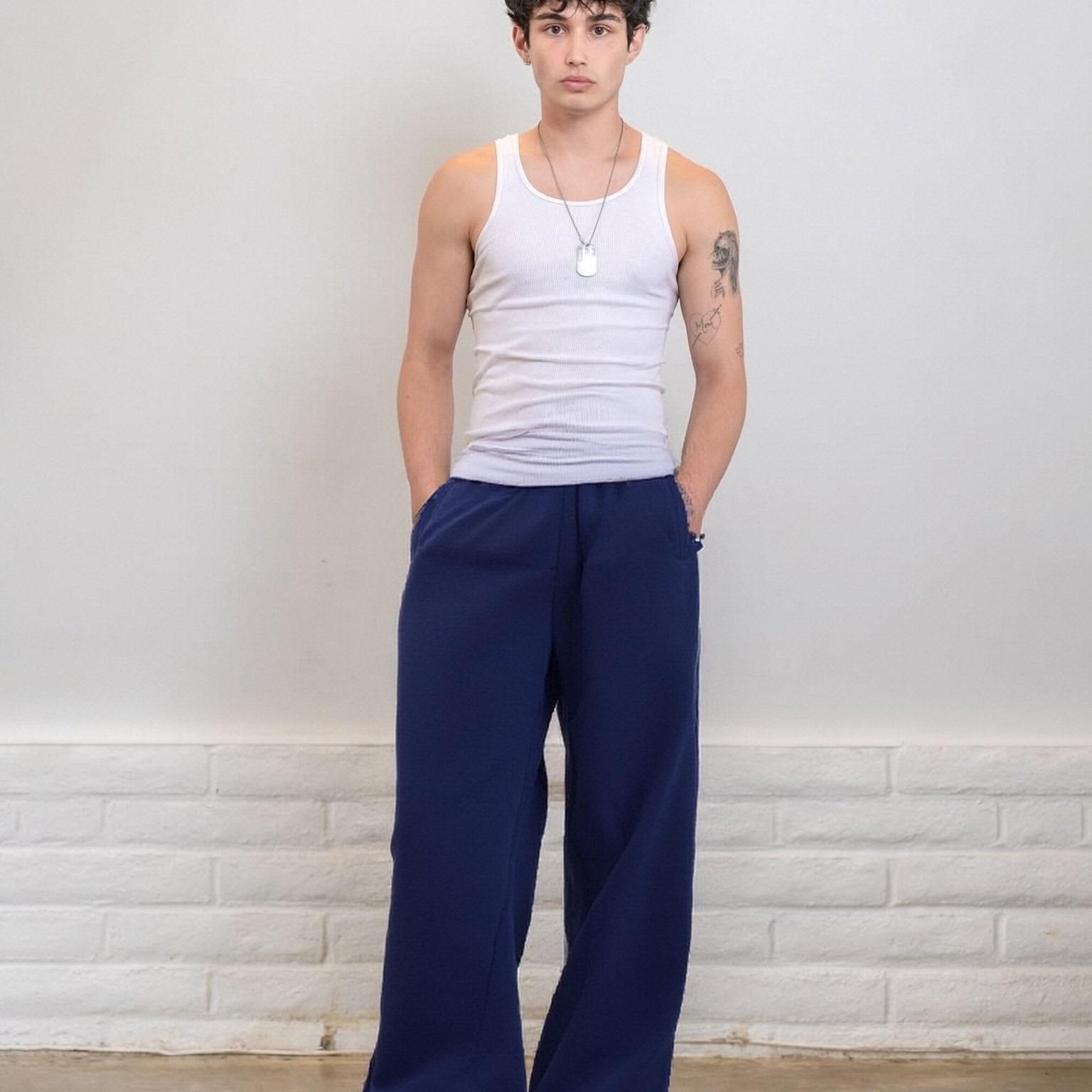 Casual Male Long Pants Made from Soft Durable Fabric Highlighting a Distinctive Sewn-on Artistic Motif-06008