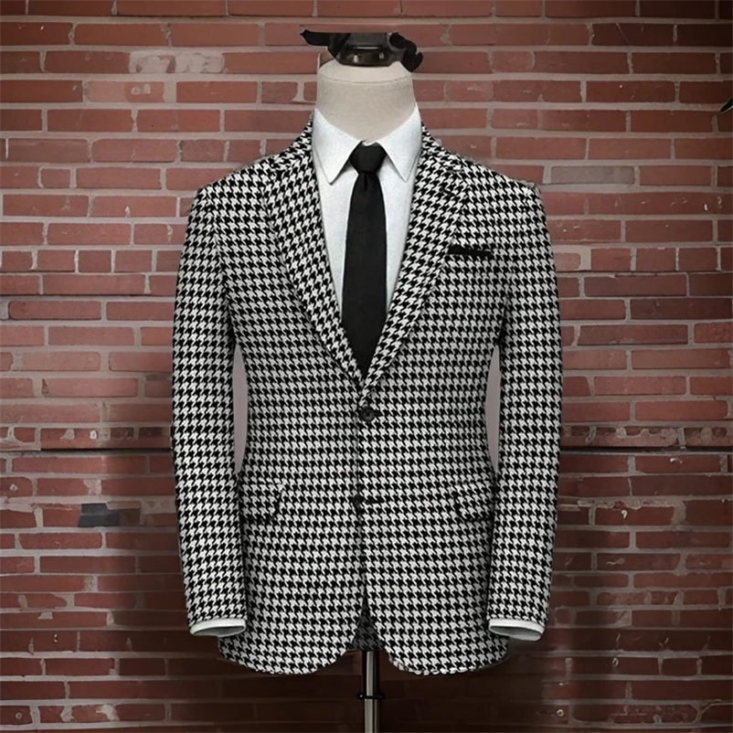 Plaid Blazer for Men 1 PCS Suit Jacket with Side Slit Slim Fit Houndstooth Checked Casual Coat 240626