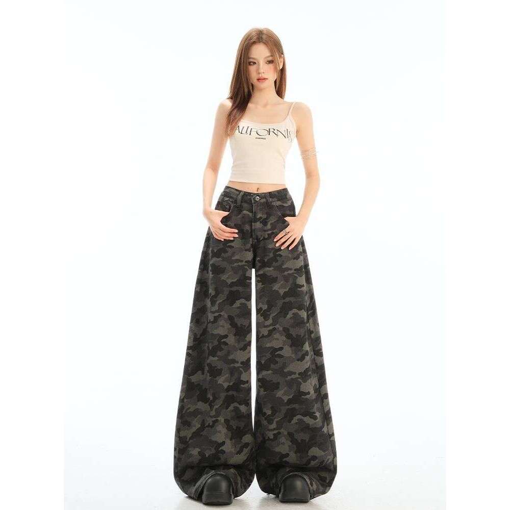 American High Street Workwear Wide-Leg Camouflage Jeans For Petite Women 2025 New High-Waisted Slimming Loose Straight