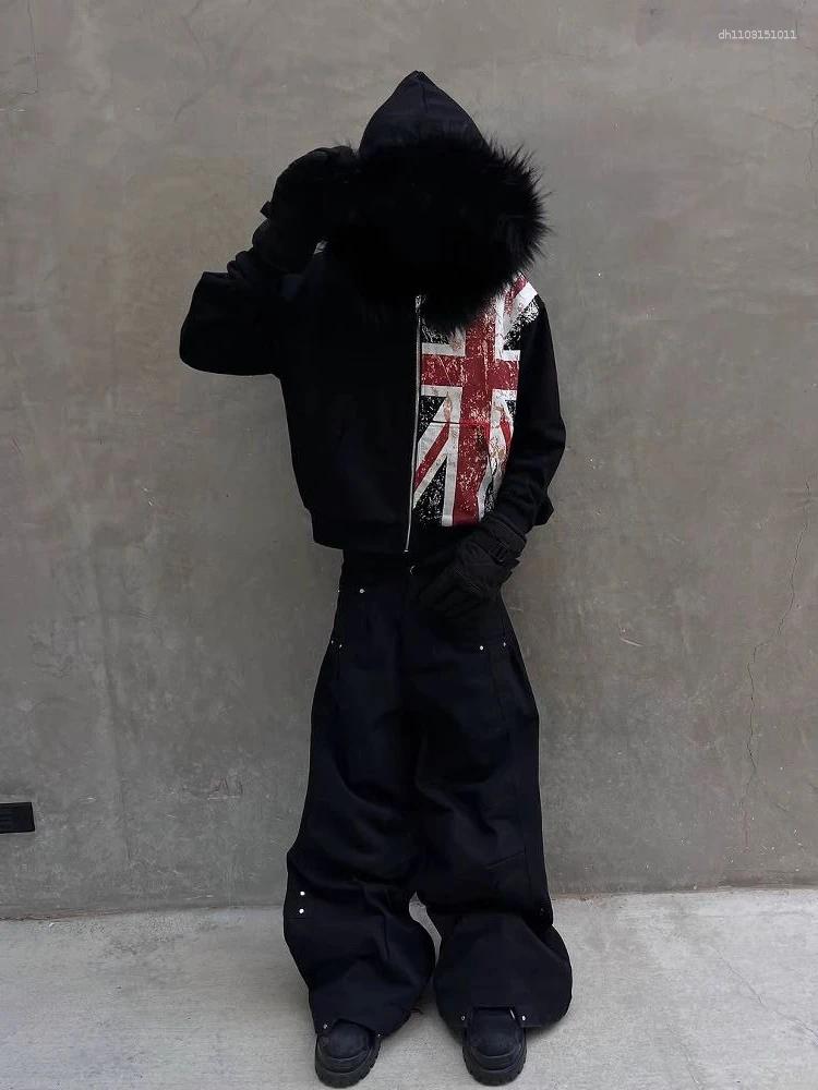 Men's Hoodies Women Aesthetic Fur Patchwork Grunge Printing Zippers Casual Hoody Harajuku Vintage Loose Pocket Sweatshirts Tops