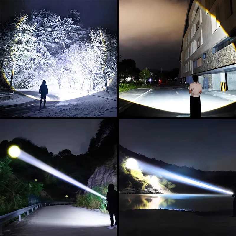 1000000LM High Power LED Flashlight Bright Rechargeable Powerful Torch Hand Lantern Zoomable Emergency Fishing Camping Lamps D250928