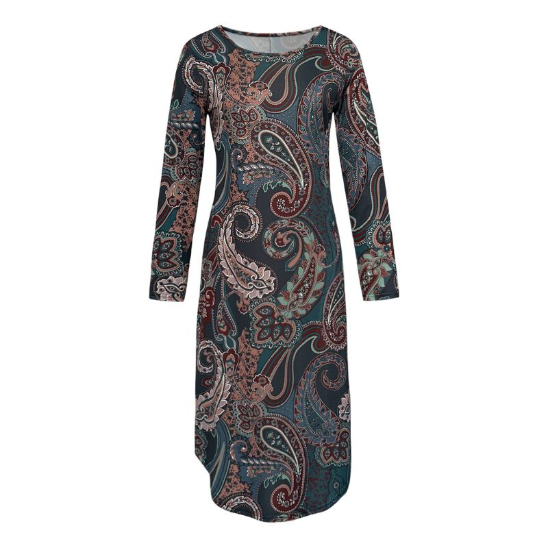 Women's Long Sleeve Paisley Print Maxi Dress - Autumn Winter Vintage Elegant Office Commute Dress-CF43293