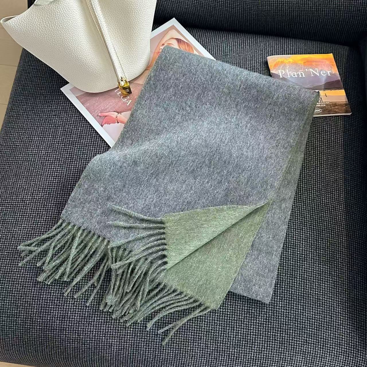 T1877 Women's Double-Sided Wool Scarf, Thick and Warm for Fall/Winter, Windproof, Stylish and Versatile, Solid Color